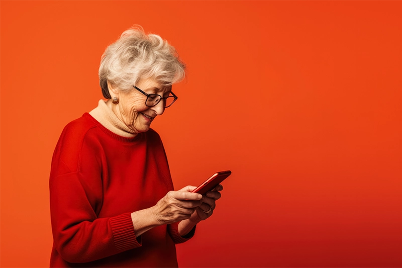 Mujer mayor sonriendo mientras interactúa con su celular, reflejando una experiencia digital positiva y accesible.