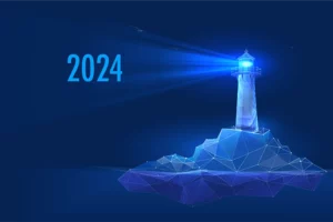 Render tecnológico de un faro moderno que brilla hacia el número 2024, simbolizando la guía y dirección estratégica para las empresas en el año venidero.